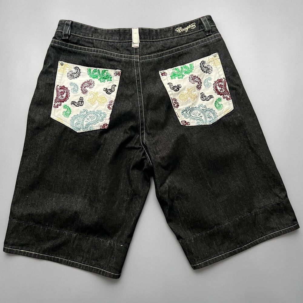Vintage Y2K Coogi Baggy Long Jean Shorts 42W 16L Black Paisley Embroidered Rare